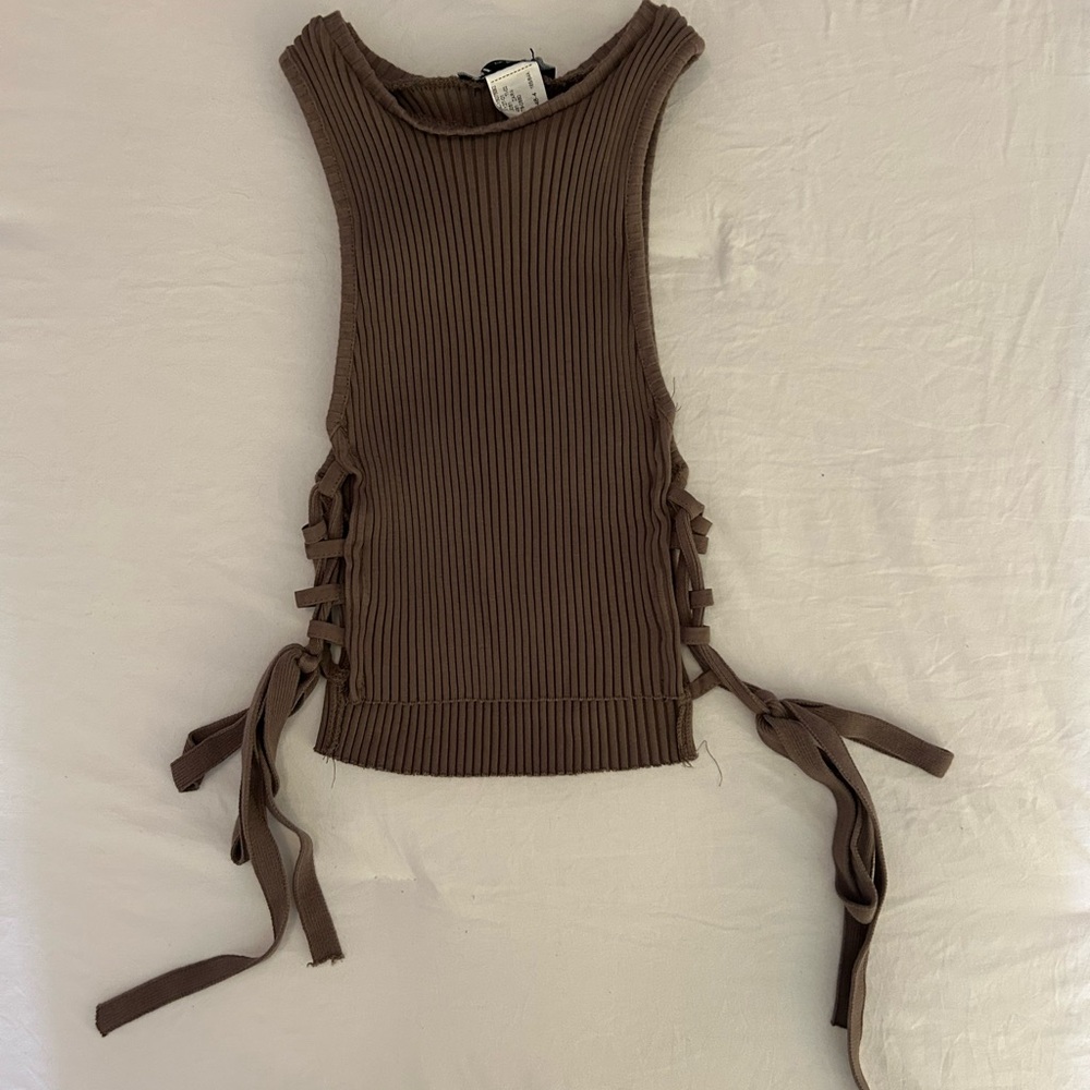 Zara Brown Ribbed Tie Front Tank Top